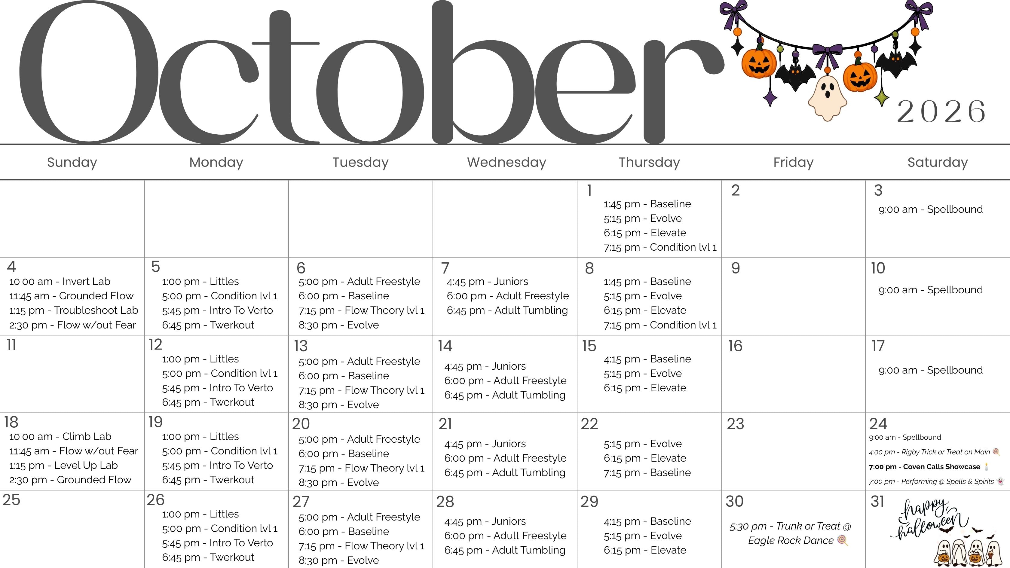 October 2026 class schedule calendar for Studio Verto
